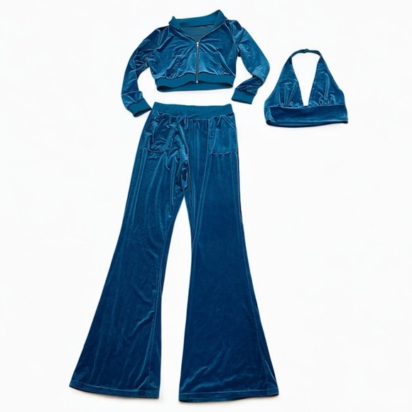 Cider Blue Velvet Halter Top Sweat Set 3piece - Picture 1 of 16